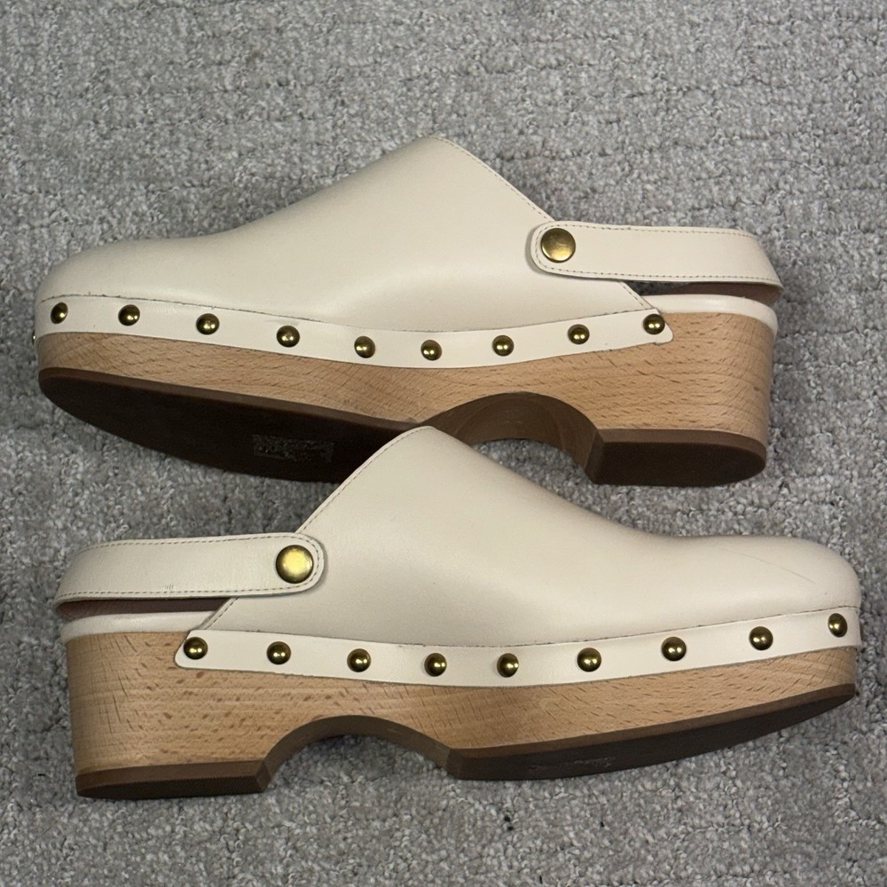 J Crew Leather Clogs Size 9 Women Beige Wood Studded Mule Convertible Shoe Boho